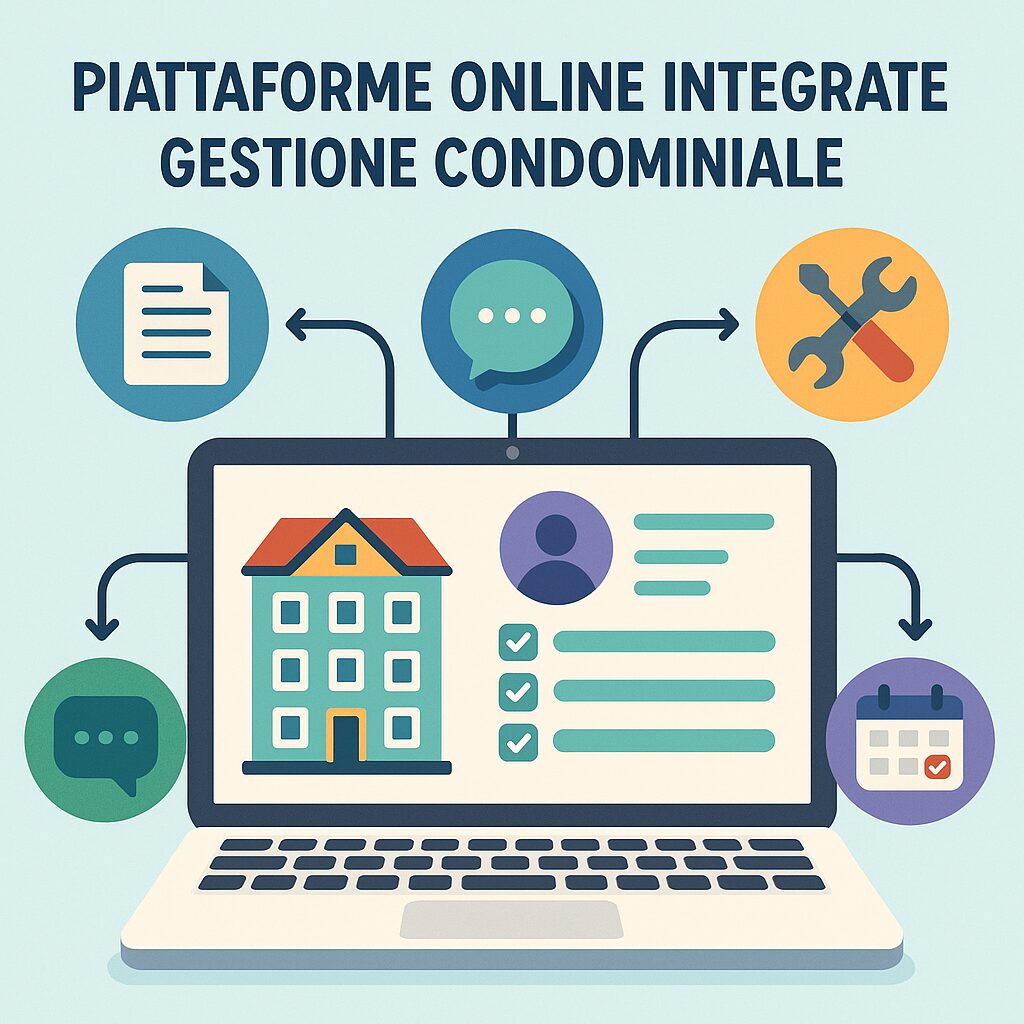 Immagine di un computer che mostra le icone delle possibili funzionalità delle piattaforme online integrate per la gestione condominiale